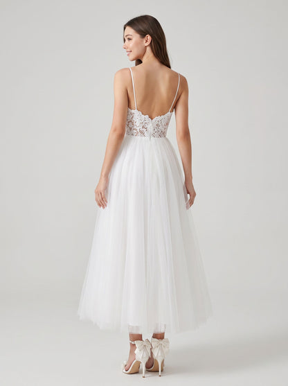 Ivory Lace A-Line V-Neck Back Zip Tea-Length Dress