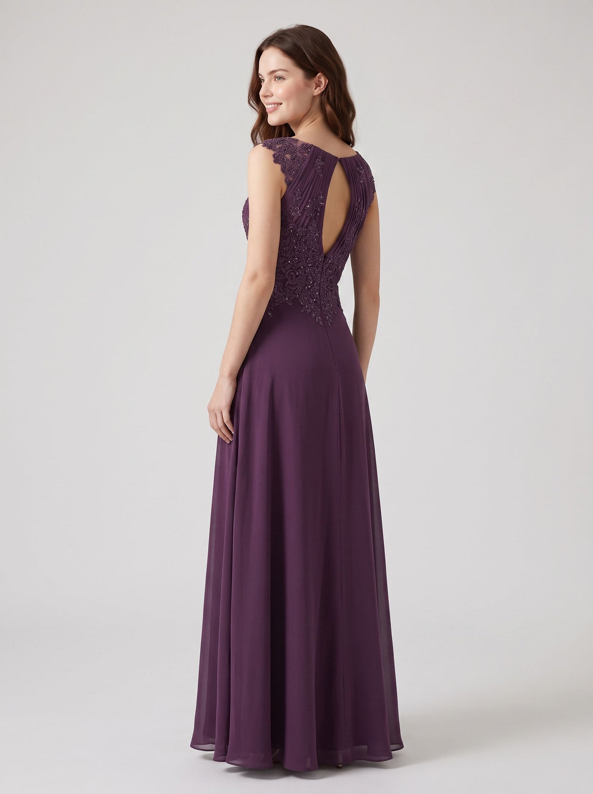 Mulberry Chiffon A-Line Keyhole Neck High Back Floor-Length Dress