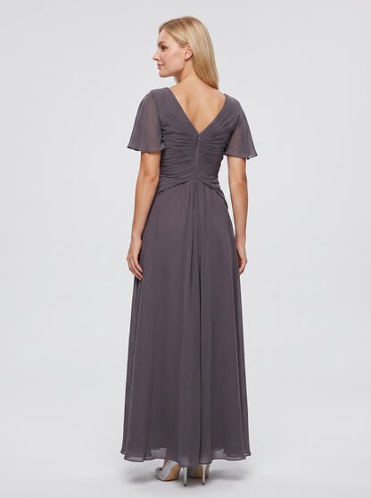 Grey Chiffon A-Line V-Neck Back Zip Floor-Length Dress