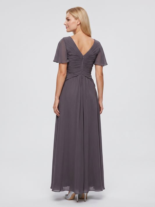 Grey Chiffon A-Line V-Neck Back Zip Floor-Length Dress