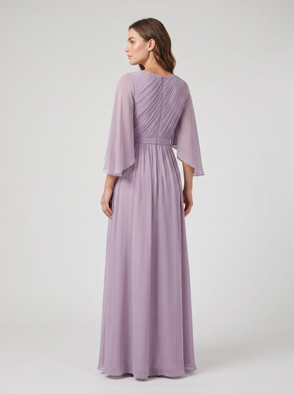 Lavender Chiffon A-Line Boat Neck Back Zip Floor-Length Dress