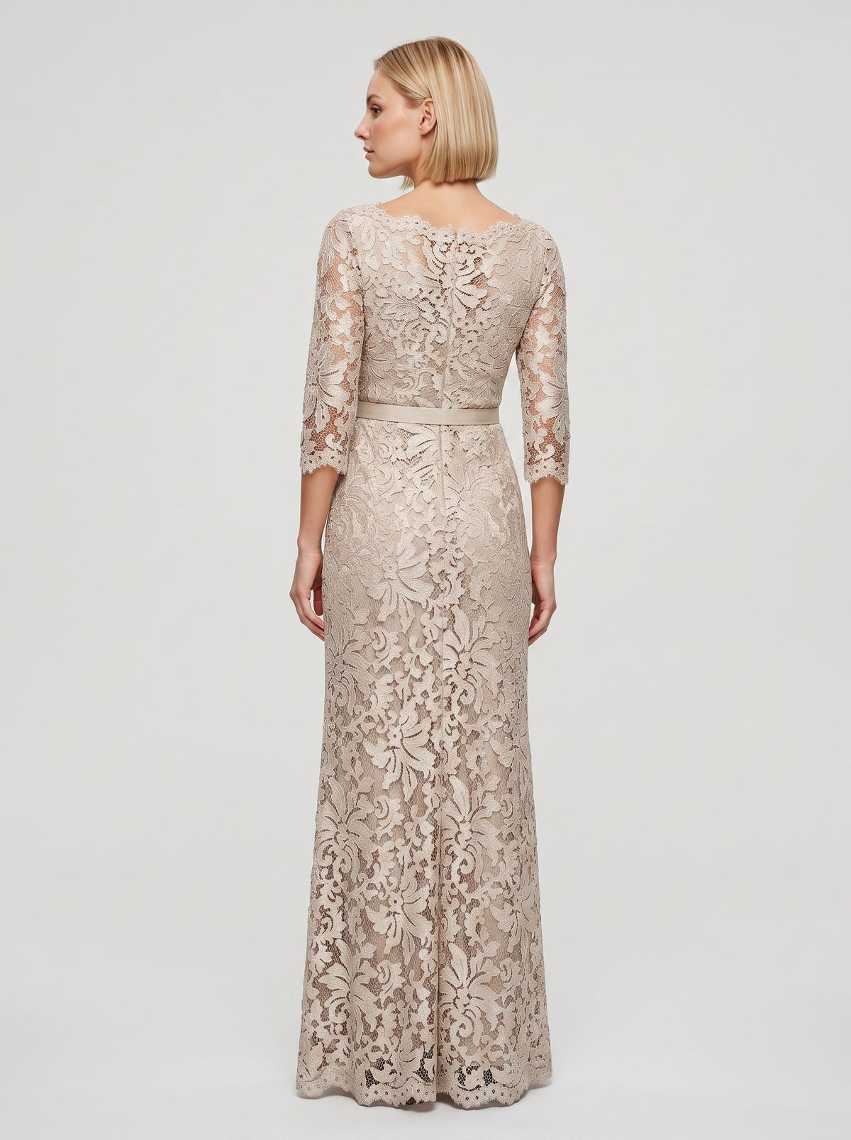 Champagne Lace Sheath/column Boat Neck High Back Floor-Length Dress