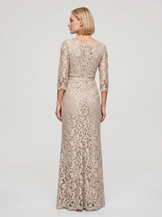 Champagne Lace Sheath/column Boat Neck High Back Floor-Length Dress