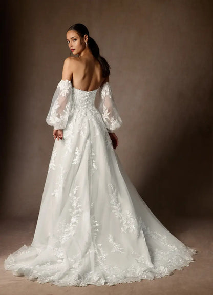 Exquisite A Line Strapless Sweetheart Neckline Detachable Long Sleeves Lace Applique Backless Romantic Hot Sale Wedding Dress