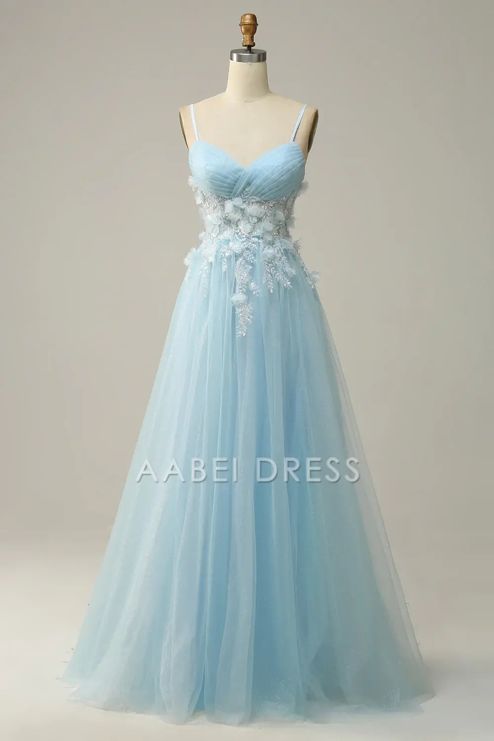 AABEI DRESS Hot Sale Prom Dress Elegant A Line V Neck Pleated Spaghetti Straps flower Tulle Fantastic Long Party Dress