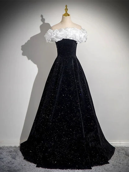 Sparkly Ballgown Off Shoulder Short Sleeve Lace Up Long Prom Gown
