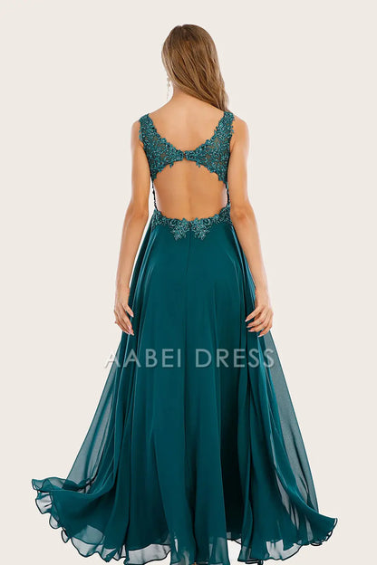 AABEI DRESS Hot Sale Prom Dress Elegant Chiffon A Line V Neck Backless Side Fork Long Formal Dress