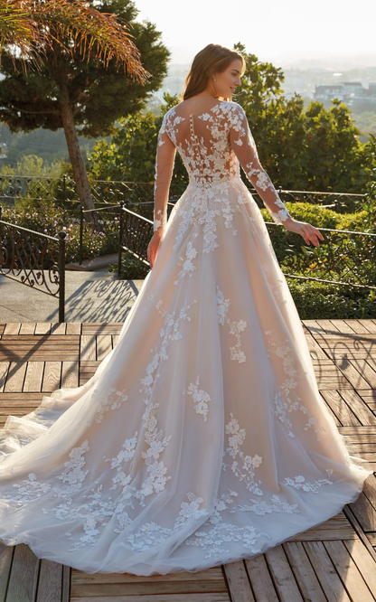 Romantic Ball-gown V-neck Long-sleeve Illusion-back Train-length Wedding Dress
