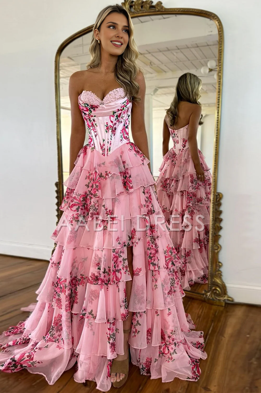 AABEI DRESS Prom Dress Romantic A-Line Sweetheart Retro Print Tulle With Slit Long Formal Dress