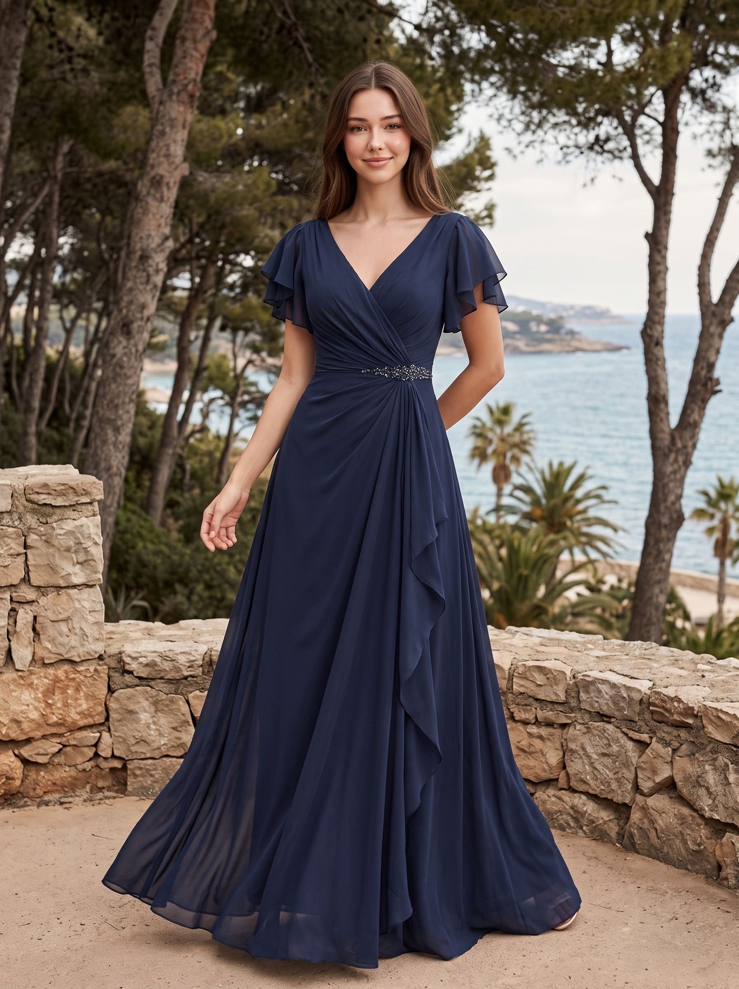 Dark Navy Chiffon A-Line V-Neck Back Zip Floor-Length Dress