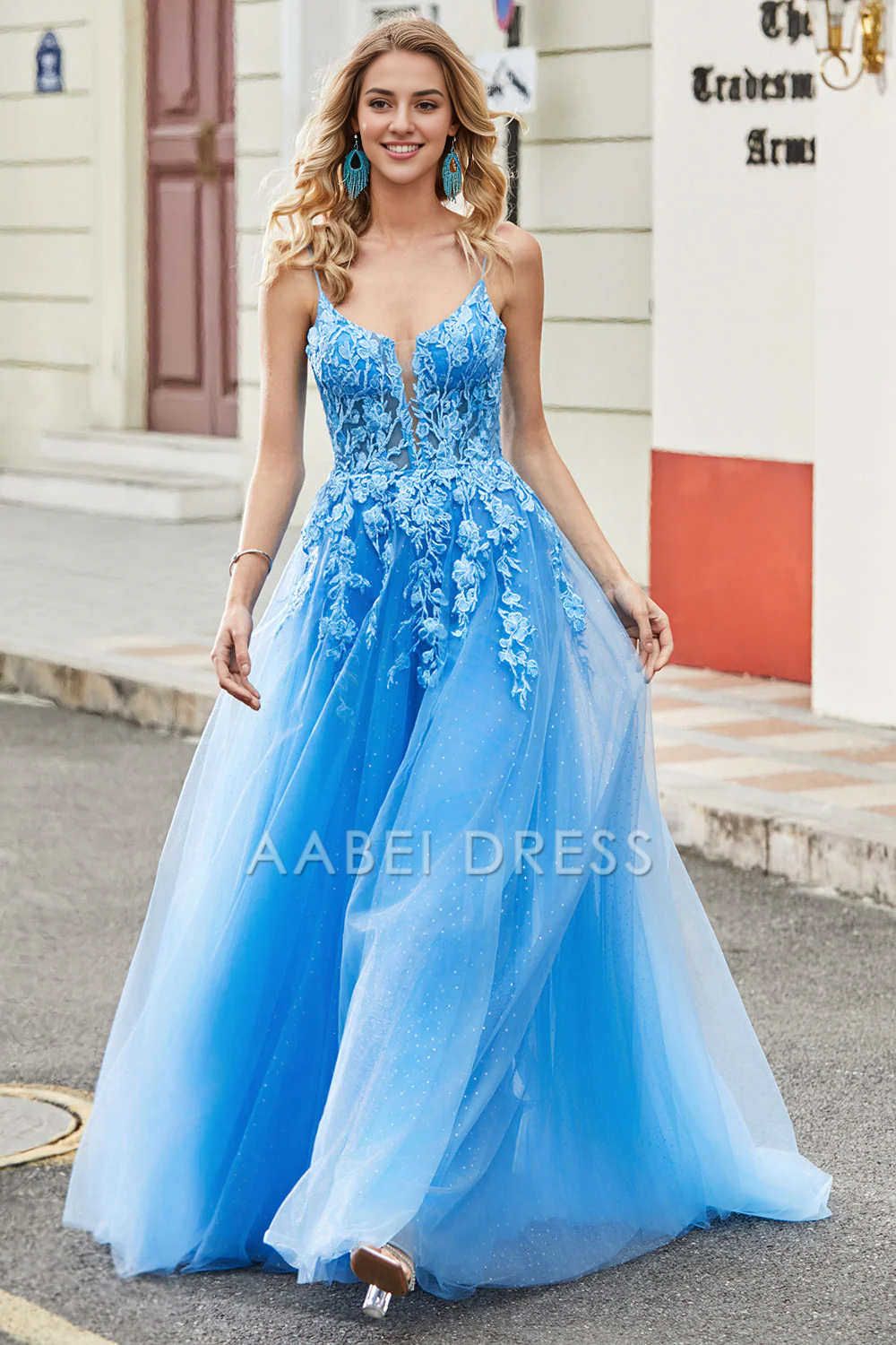 AABEI DRESS Hot Sale Prom Dress Gorgeous A Line Spaghetti Straps Lace Appliques Backless Fantastic Long Party Dress