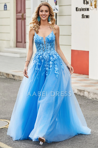 AABEI DRESS Hot Sale Prom Dress Gorgeous A Line Spaghetti Straps Lace Appliques Backless Fantastic Long Party Dress