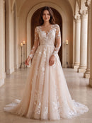 Ivory Tulle A-Line Illusion Neck Back Zip Floor-Length Dress