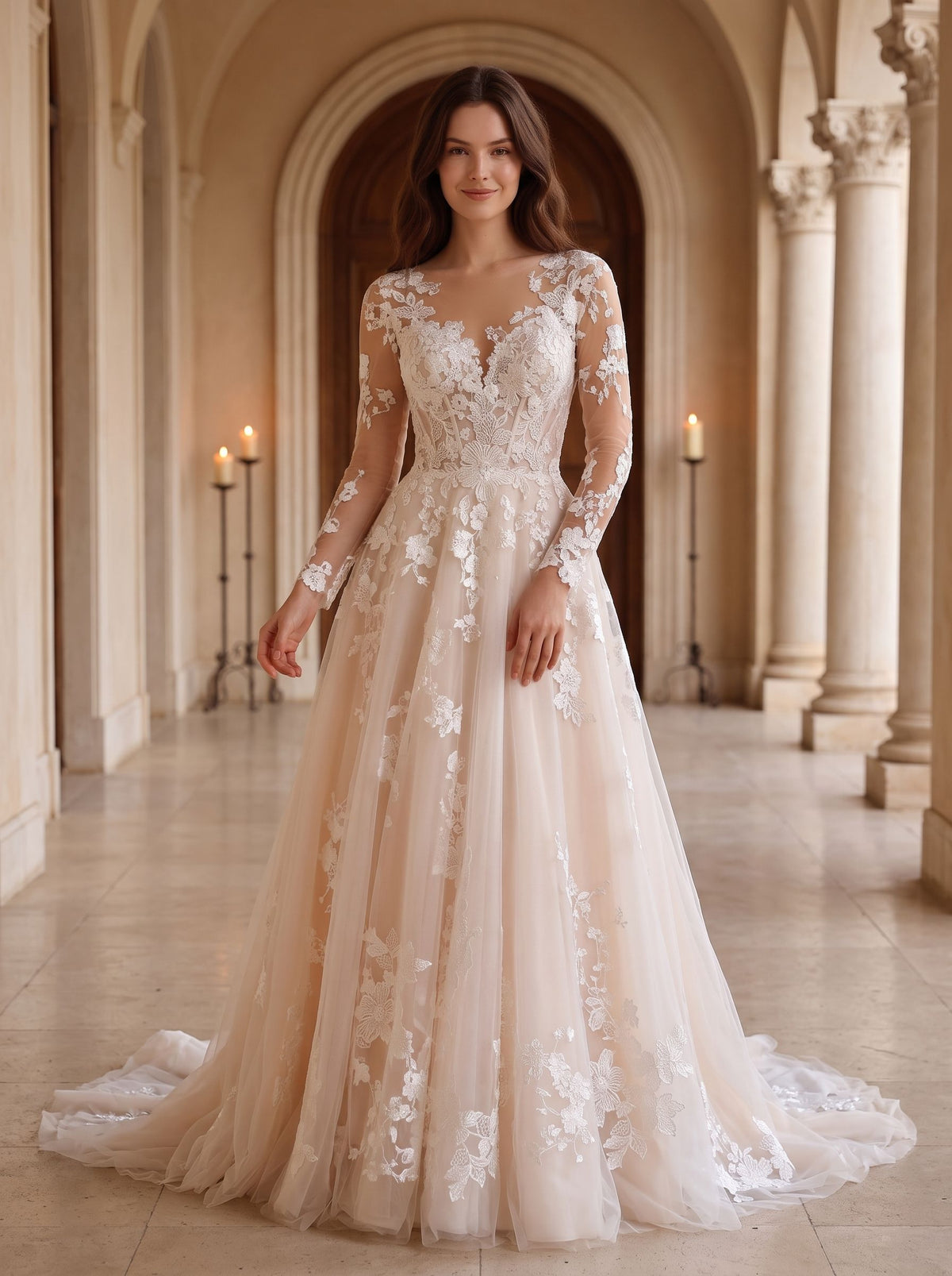 Ivory Tulle A-Line Illusion Neck Back Zip Floor-Length Dress