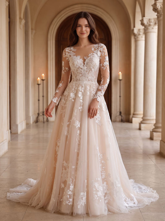 Ivory Tulle A-Line Illusion Neck Back Zip Floor-Length Dress