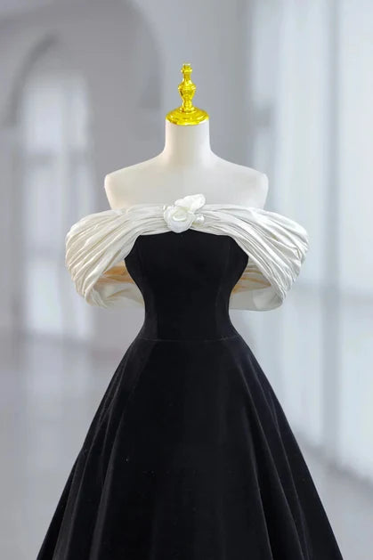 Black Velvet A-Line Off-the-Shoulder Zipper Back Tea-Length Dress