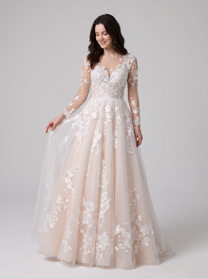 Ivory Tulle A-Line Illusion Neck Back Zip Floor-Length Dress