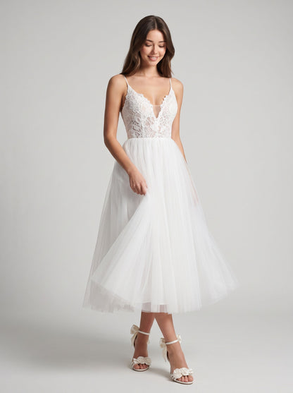 Ivory Lace A-Line V-Neck Back Zip Tea-Length Dress