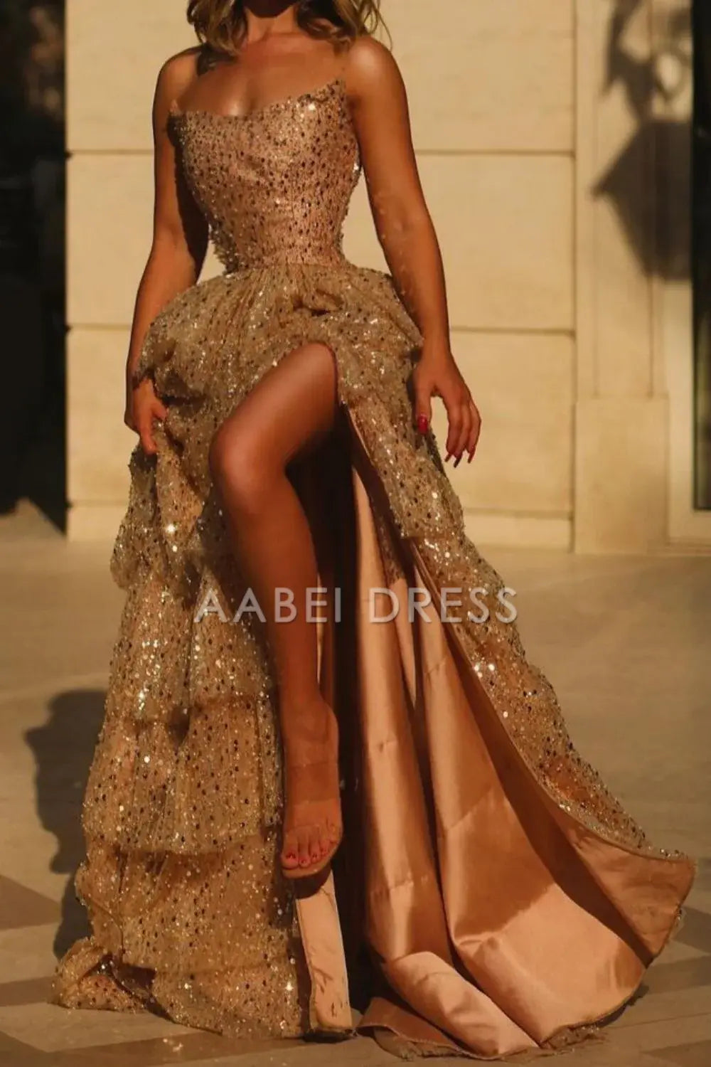 AABEI DRESS Prom Dress Sparkly A Line Strapless Corset Layering With Ruffles Luxurious Formal Dress