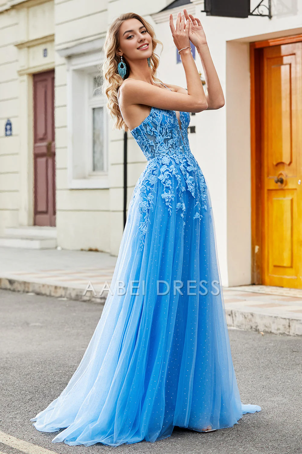 AABEI DRESS Hot Sale Prom Dress Gorgeous A Line Spaghetti Straps Lace Appliques Backless Fantastic Long Party Dress
