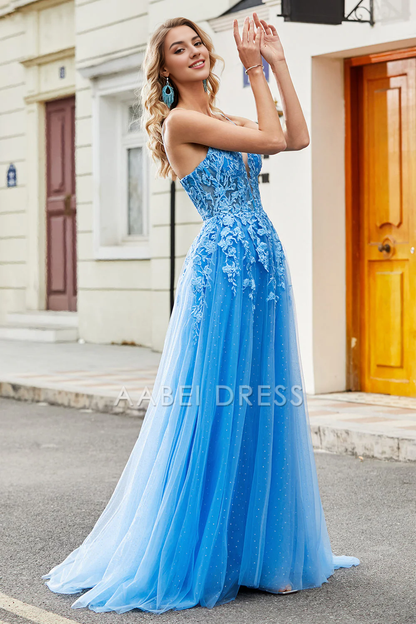 AABEI DRESS Hot Sale Prom Dress Gorgeous A Line Spaghetti Straps Lace Appliques Backless Fantastic Long Party Dress