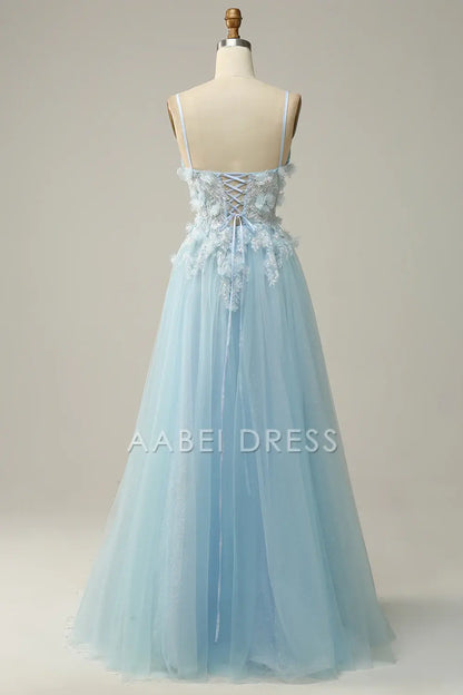 AABEI DRESS Hot Sale Prom Dress Elegant A Line V Neck Pleated Spaghetti Straps flower Tulle Fantastic Long Party Dress