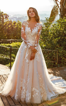 Romantic Ball-gown V-neck Long-sleeve Illusion-back Train-length Wedding Dress