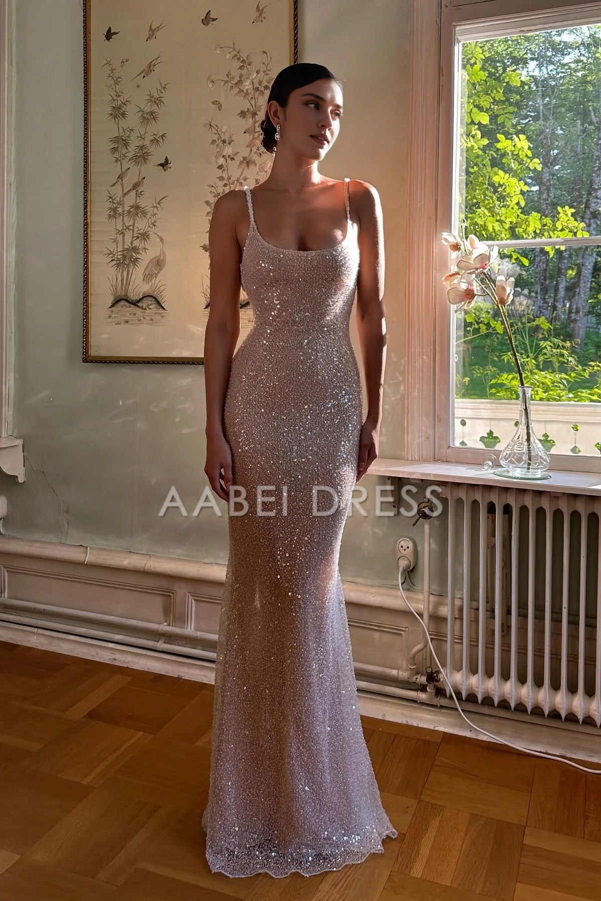 AABEI DRESS Prom Dress Charming Bling Sheath Spaghetti Straps Sequins Backless Long Formal Dress