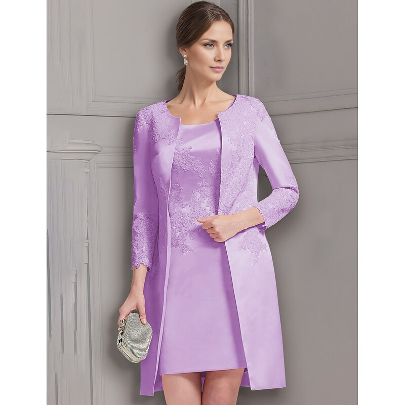 AABEI DRESS Wedding Guest Dress Vintage Sheath Jewel Neck 3/4 Length Sleeve Knee Length Satin Lace Jacket Dresses with Appliques Elegant Mother of the Bride Dress