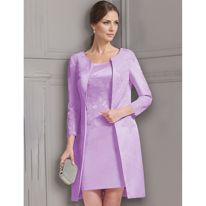 AABEI DRESS Wedding Guest Dress Vintage Sheath Jewel Neck 3/4 Length Sleeve Knee Length Satin Lace Jacket Dresses with Appliques Elegant Mother of the Bride Dress