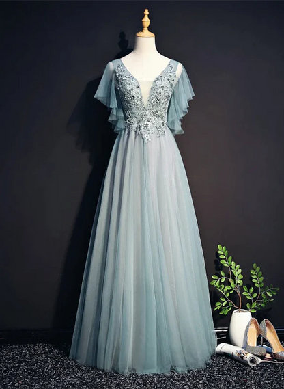 Beautiful Light Green Tulle Long Party Dress Green Lace Low Back Prom Dress Evening Dress