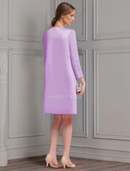 AABEI DRESS Wedding Guest Dress Vintage Sheath Jewel Neck 3/4 Length Sleeve Knee Length Satin Lace Jacket Dresses with Appliques Elegant Mother of the Bride Dress