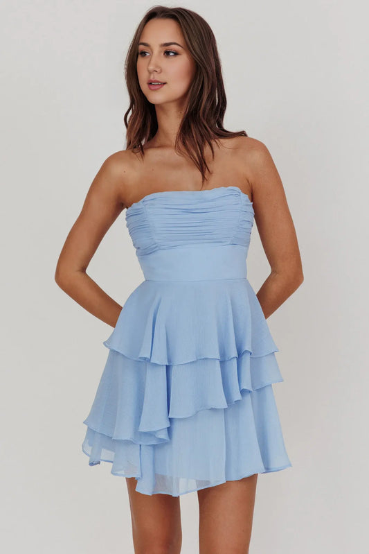 Fashion Blue A Line Strapless Pleated Corset Layering Ruffle Backless Mini Dress Hot Sale Homecoming Dress