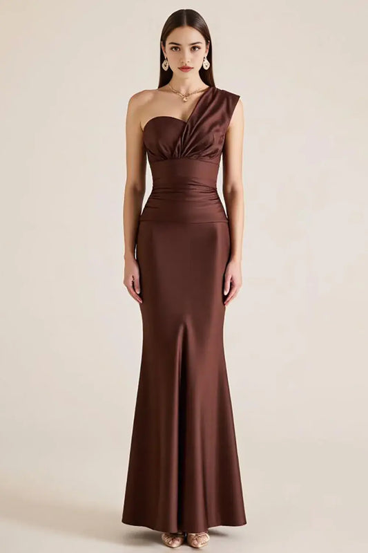 Dark Brown One Shoulder Sleeveless Satin Mermaid Long Wedding Guest Dress Elegant Evening Dresses