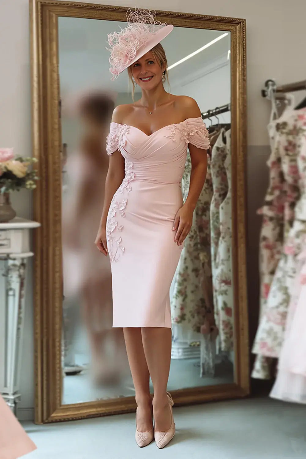 Blush Pink 3D Floral Bodycon Off the Shoulder Sweetheart Neckline Sleeveless Pleated Exquisite Wedding Guest Dress For Women New Style Mother of the Bride Dress