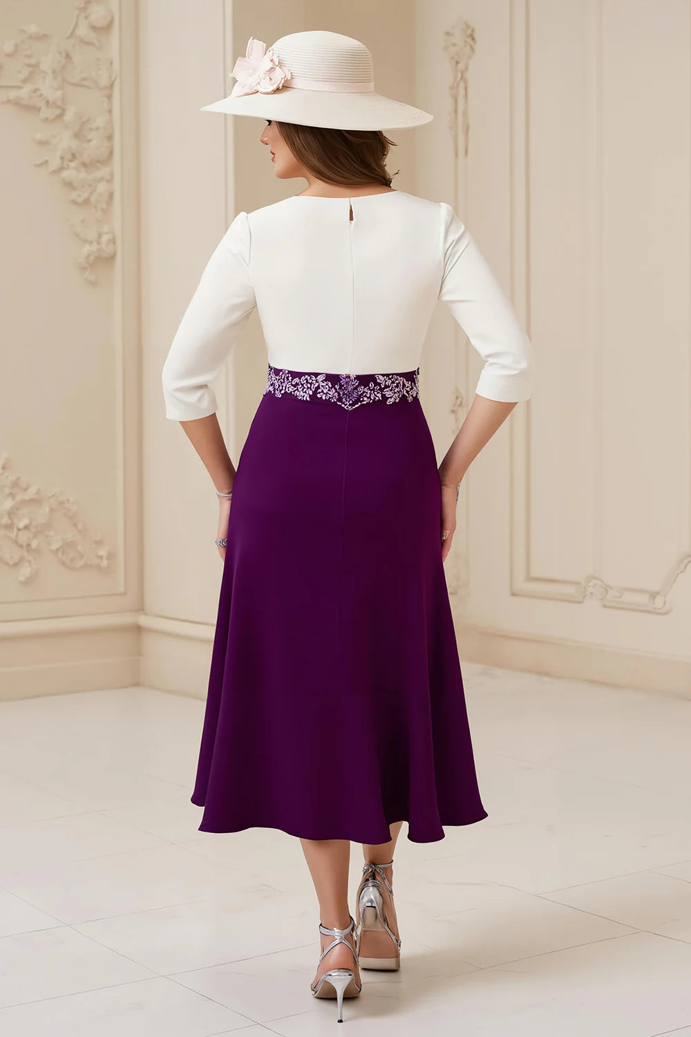 Grape and White A Line Boat Neck 3/4 Long Sleeve Waist with Lace Appliques Exquisite Midi Wedding Guest Dress For Women Hot Sale Mother of the Bride Dress