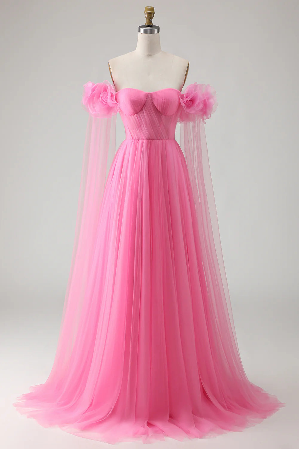 Romantic Prom Dress Hot Pink Tulle A Line Off the Shoulder Sweetheart Neckline with 3D Flowers Sleeveless Ruched Backless Bargain Long Wedding Guest Dress
