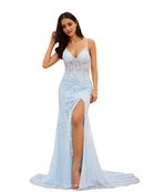 AABEI DRESS Prom Dress Tulle Appliques Backless Lace Up Mermaid Spaghetti Straps Long Evening Dresses for Women