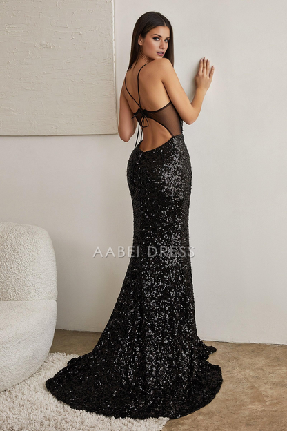 AABEI DRESS Hot Sale Prom Dress Charming Sequin Spaghetti Strap Backless Sparkle Sexy Long Evening Dress