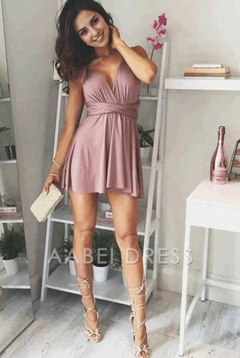 AABEI DRESS New Homecoming Dress A-Line Deep V-Neck Lace-Up Chiffon Sexy Party Dress Simple Short Prom Dress