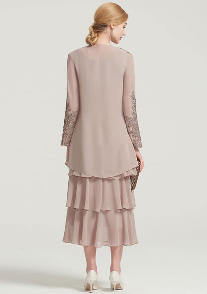 Fashion Wedding Guest Dresses Chiffon A-line Scoop Neck Sleeveless With Long Sleeves Jacket Lace Appliqued Layered Ruffles Tea-Length Bargain Mother of the Bride Dress