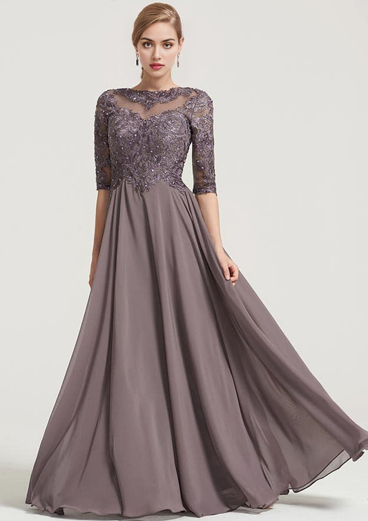 Mauve Chiffon A-Line Boat Neck Back Zip Floor-Length Dress