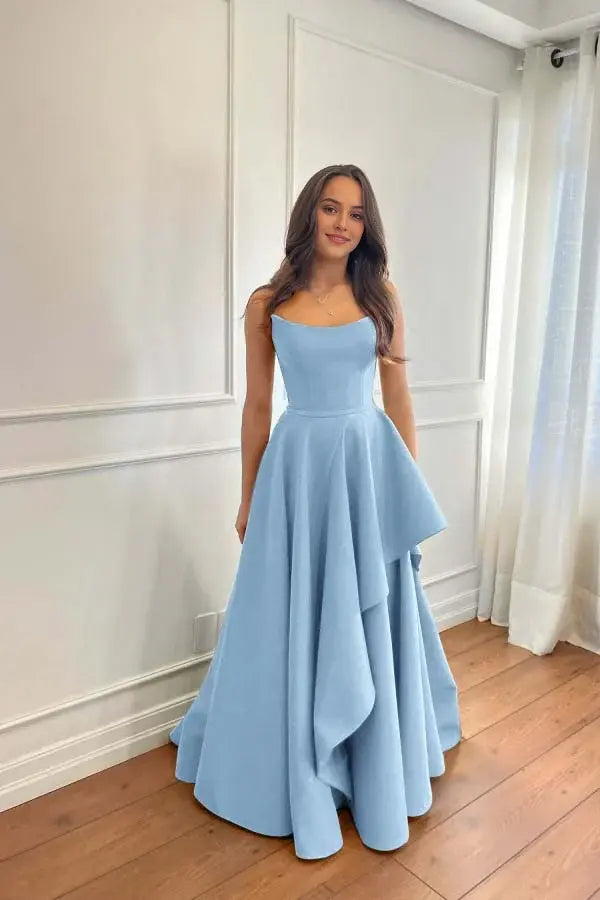 Elegant Satin A-Line Strapless Sleeveless With Tiers Ruffles Long Affordable Prom Dress