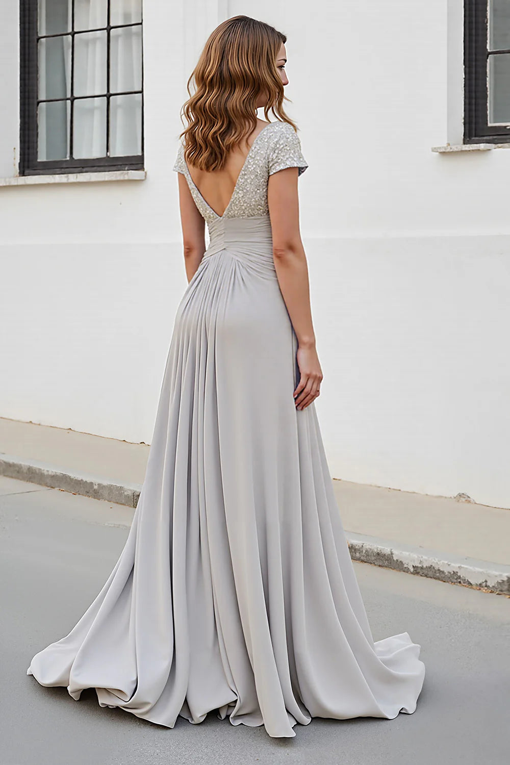 Wedding Guest Dress Silver A Line V-Neck Cap Sleeve Pleated Chiffon Sequin Lace Appliqued Retro Elegant Long Mother of the Bride Dress