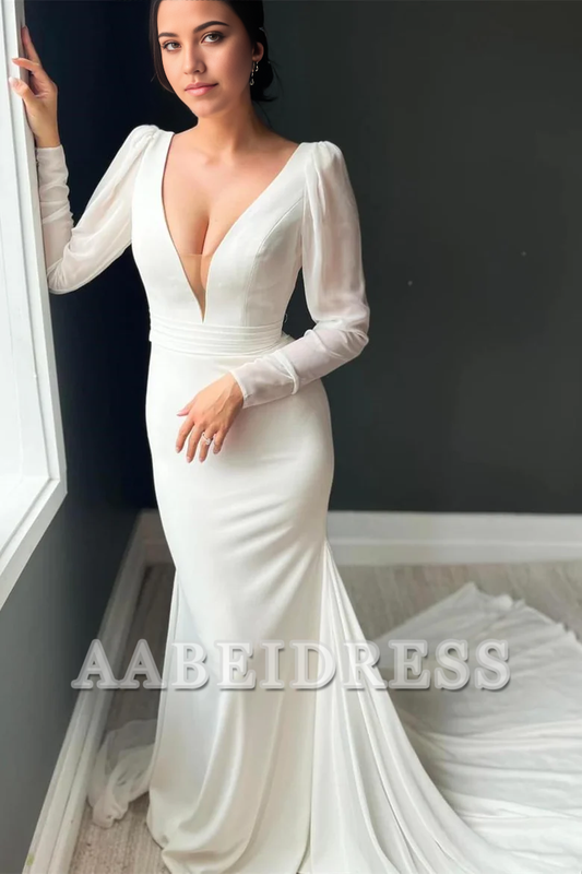 AABEI DRESS High Quality Elegant Wedding Dress Long Sleeves Deep V Backless Mermaid Long Formal Dresses