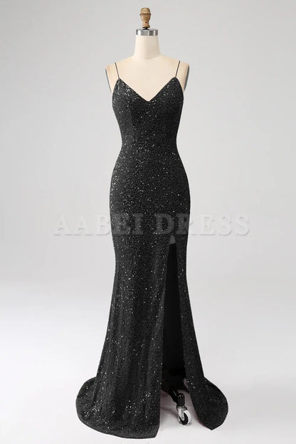 Prom Dress V-Neck Mermaid Cultivate oneself Spaghetti Straps Backless Sequin Side Fork Long Gorgeous Formal Wear Dresses