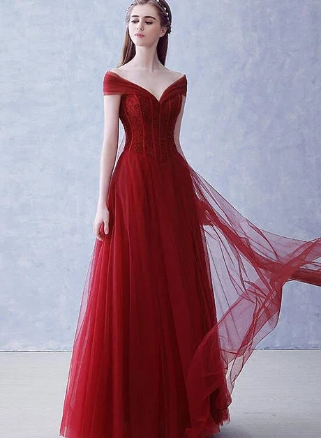 Burgundy Off The Shoulder Tulle Prom Dress Beaded Corset Bodice Back Bow