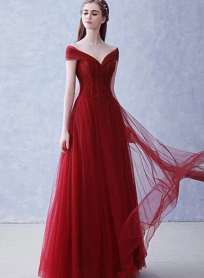Burgundy Off The Shoulder Tulle Prom Dress Beaded Corset Bodice Back Bow