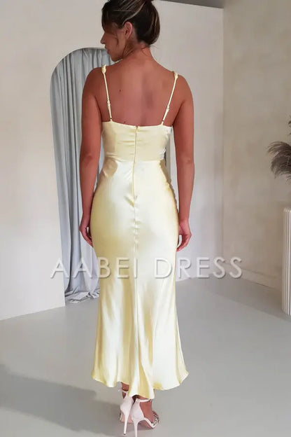 AABEI DRESS Prom Dress V-neckline Adjustable Straps Rear zip Stunning Simple Satin Dress