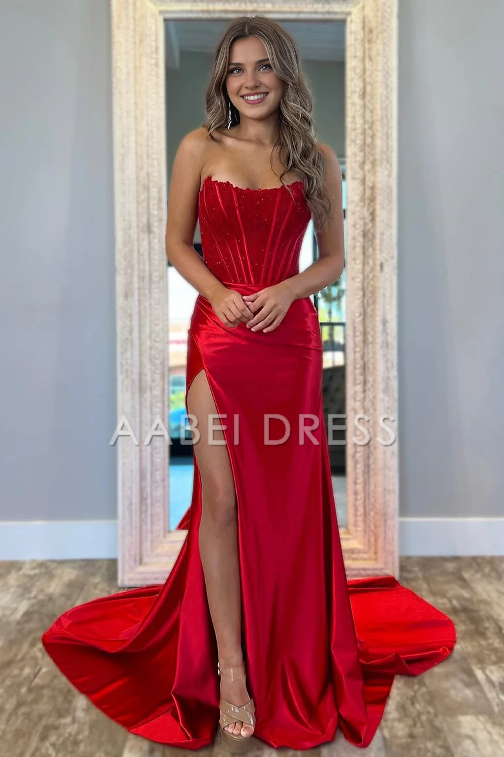 AABEI DRESS Prom Dress Stunning Strapless Glitter Top Long Satin With Slit Elegant Formal Dress